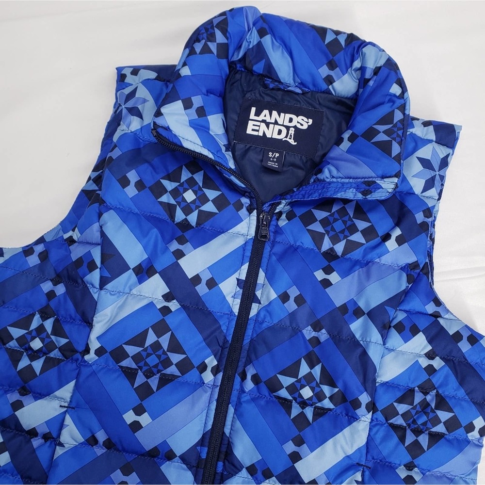 Lands end quilted puffer down feather vest geometric shapes blue S